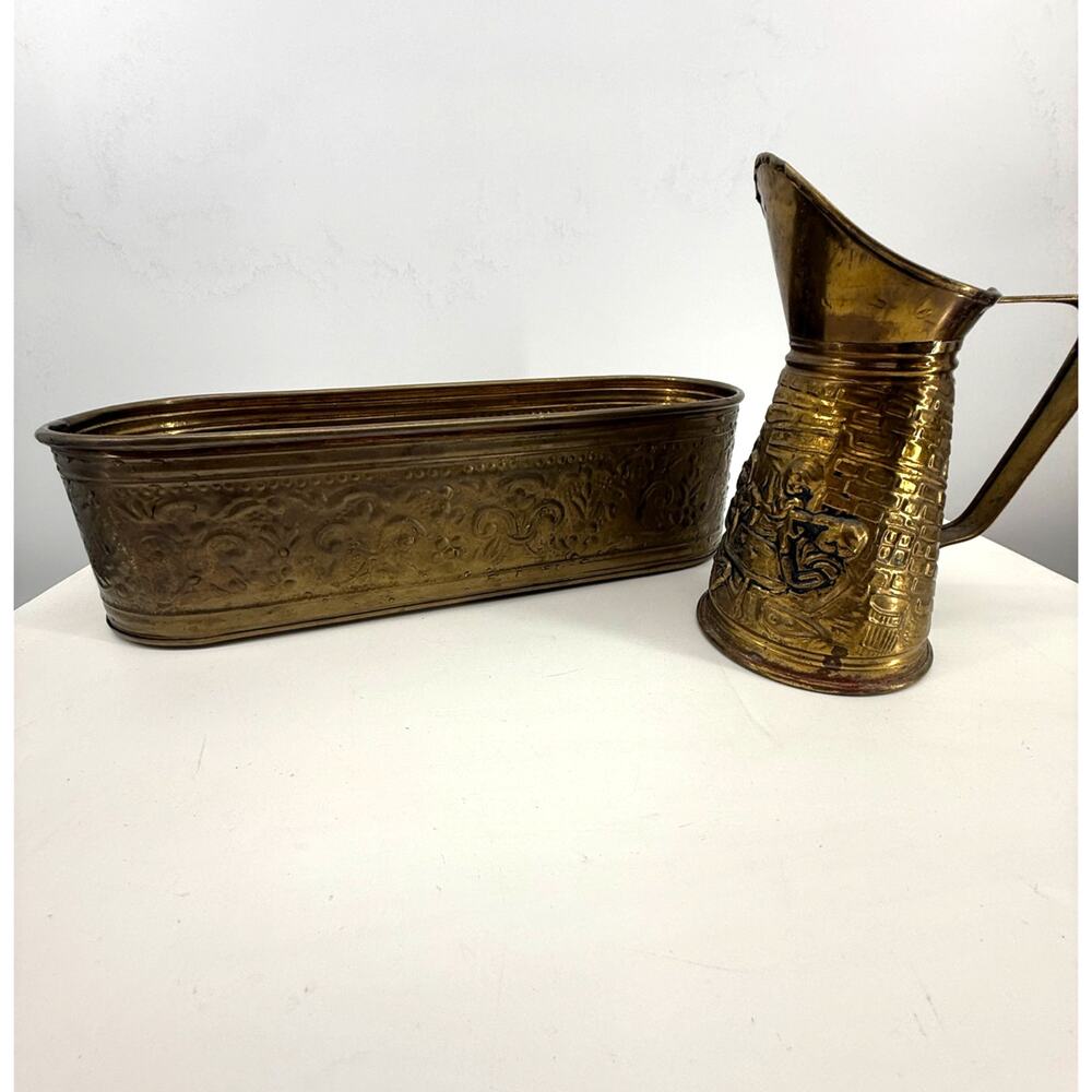 Brass Planter Pitcher Set Vintage Embossed Floral Trough Vase Rustic Home Decor